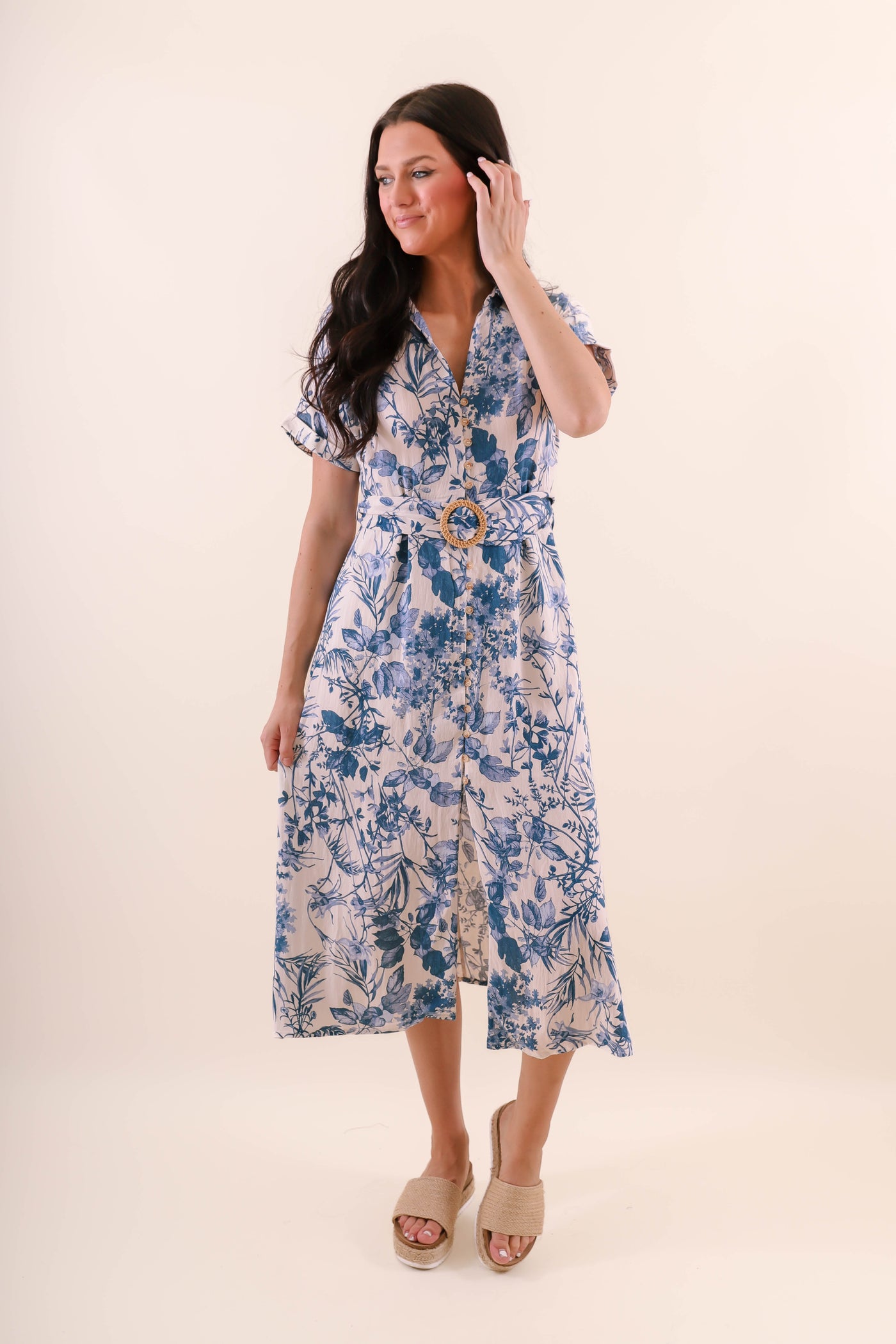 Tropical Print Midi Dress- Women's Vacation Dress- Blue And White Print Midi Dress