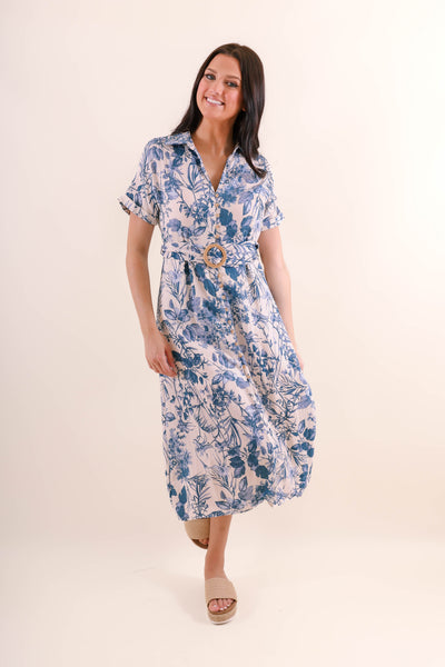 Tropical Print Midi Dress- Women's Vacation Dress- Blue And White Print Midi Dress