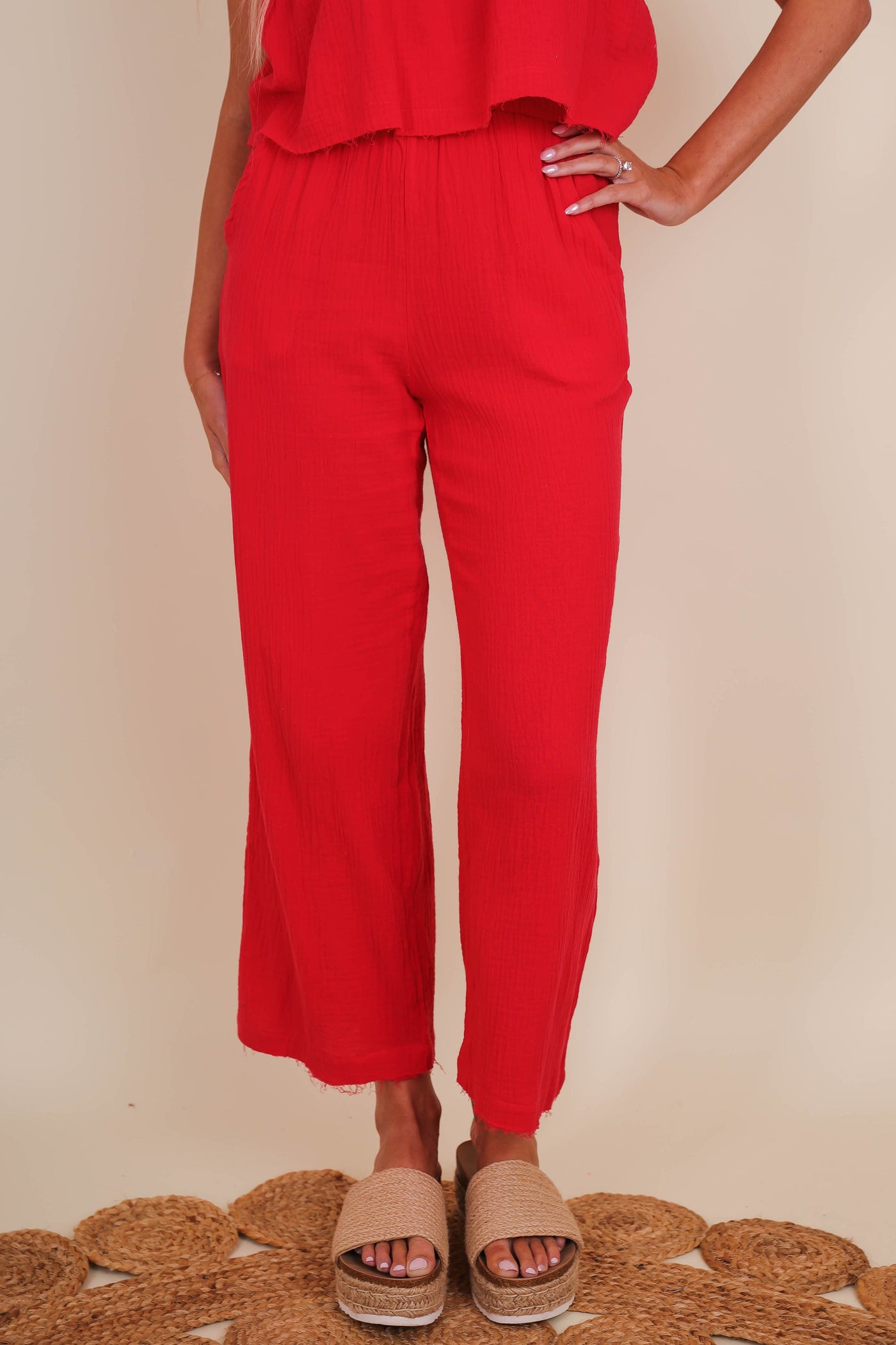 Women's Red Cotton Pants- Gauzy Pants For Women- Women's Gauzy Cotton Two Piece Set