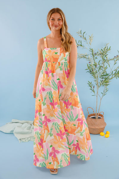 Colorful Tropical Print Maxi Dress- Women's Summer Maxi Dress- Open Back Maxi Dress