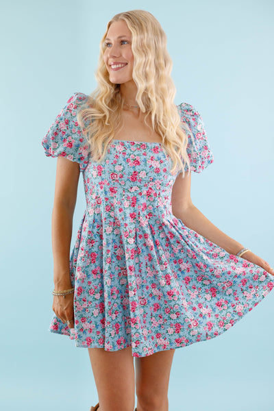 Blue Floral Mini Dress- Pink and Blue Flower Dress- Mable Dress