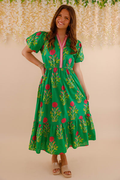 Women's Green Printed Dress- THML Midi Dress- Women's Anthro Midi Dress
