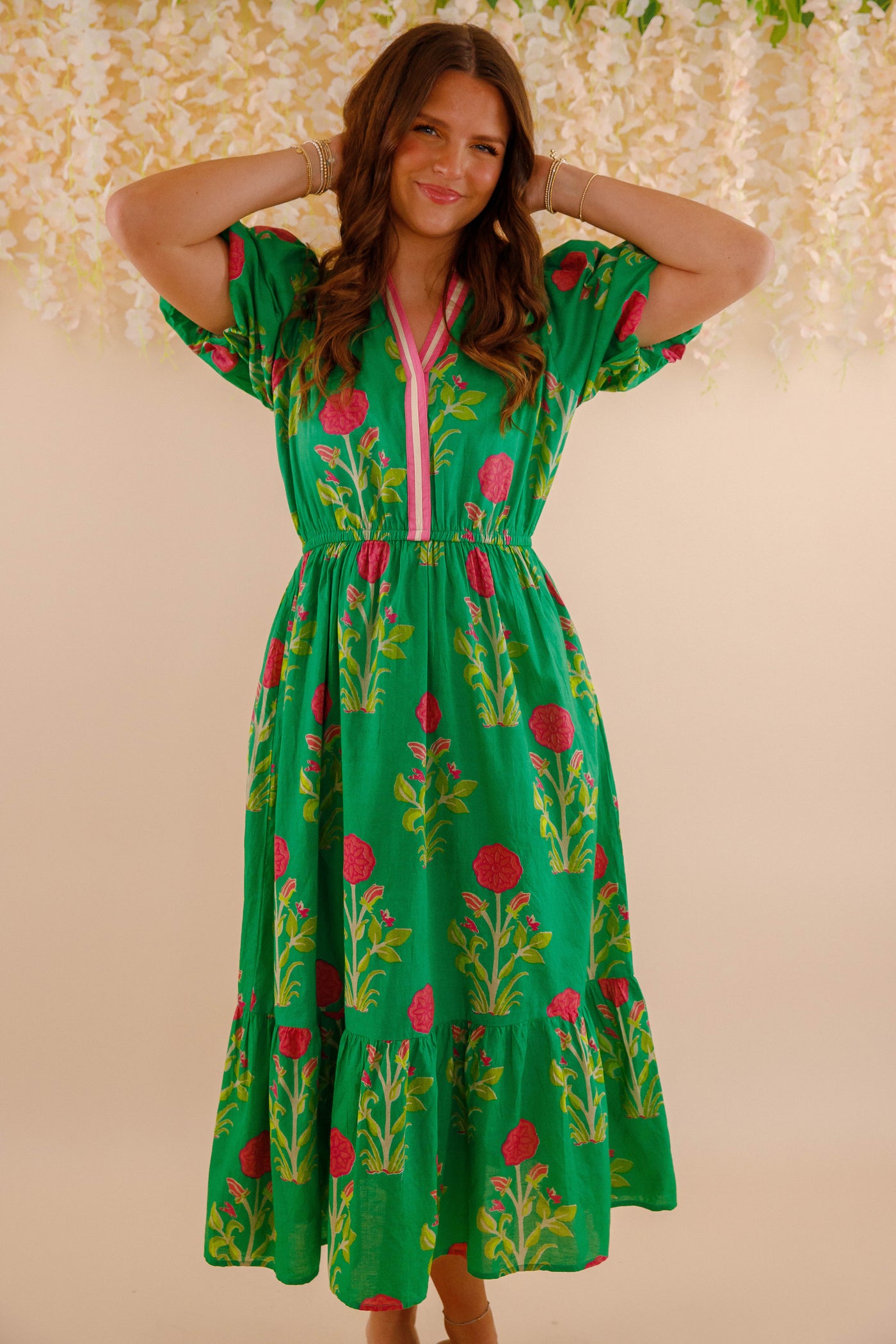 Women's Green Printed Dress- THML Midi Dress- Women's Anthro Midi Dress