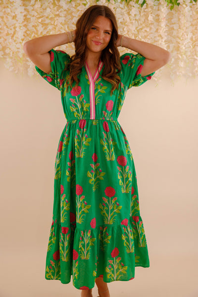 Women's Green Printed Dress- THML Midi Dress- Women's Anthro Midi Dress