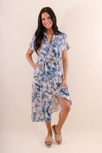 Tropical Print Midi Dress- Women's Vacation Dress- Blue And White Print Midi Dress