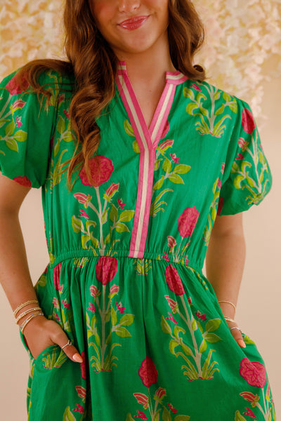 Women's Green Printed Dress- THML Midi Dress- Women's Anthro Midi Dress