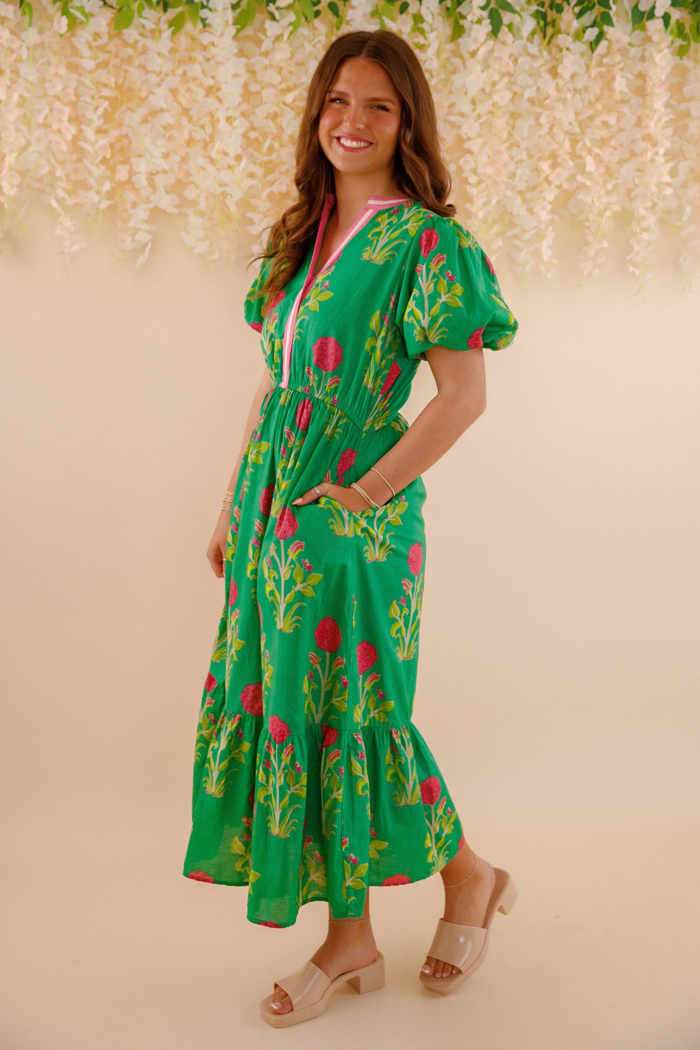Women's Green Printed Dress- THML Midi Dress- Women's Anthro Midi Dress