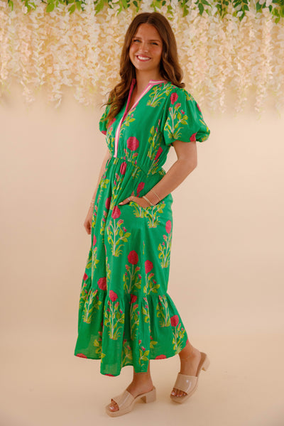 Women's Green Printed Dress- THML Midi Dress- Women's Anthro Midi Dress