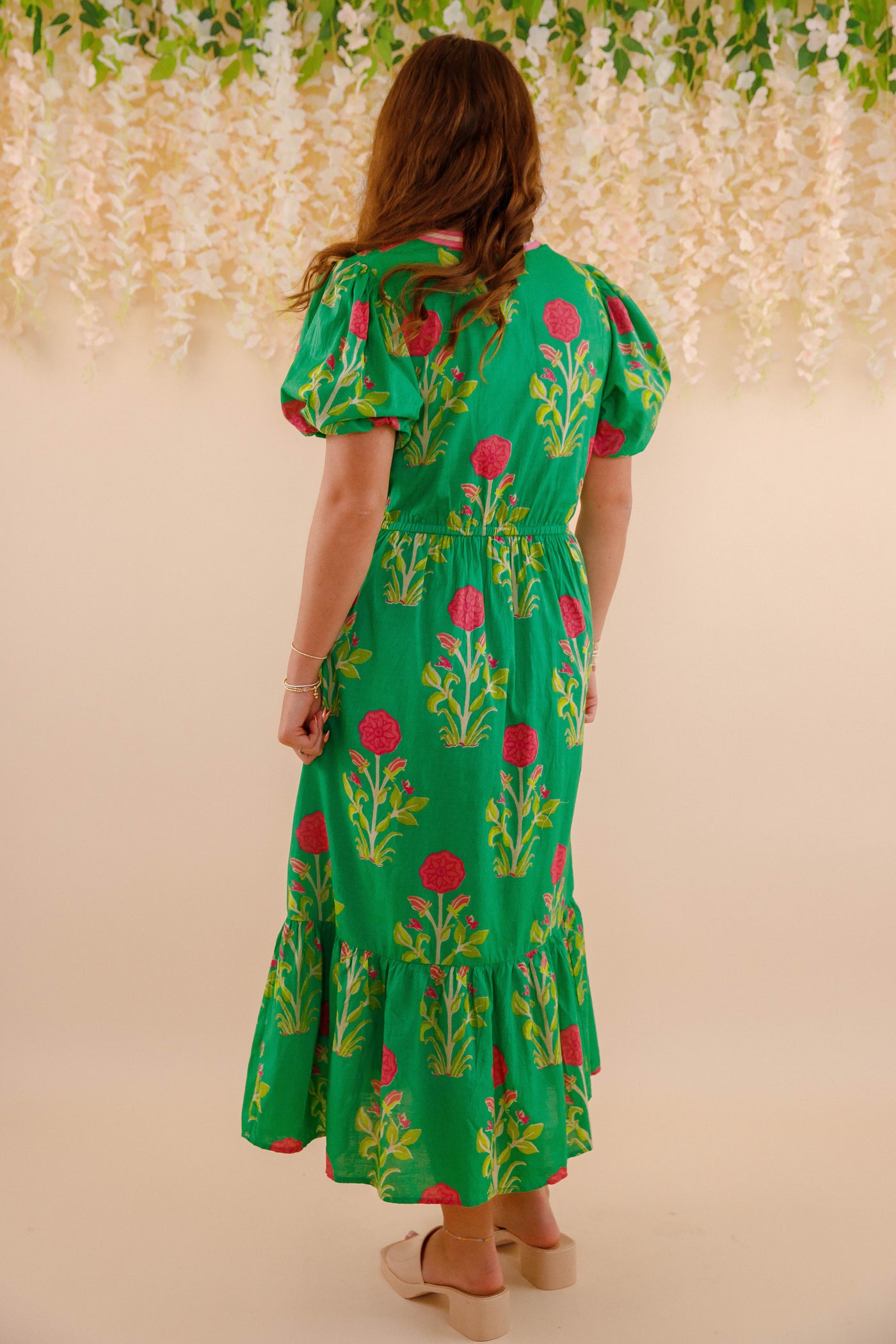 Women's Green Printed Dress- THML Midi Dress- Women's Anthro Midi Dress