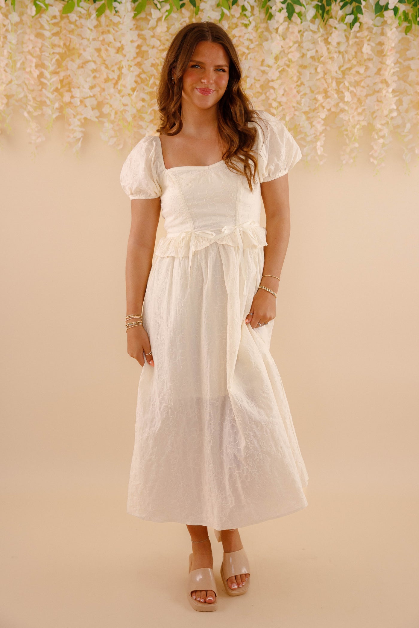 Embroidered Floral Midi Dress- Women's Spring Summer Dresses- Bridal Midi Dress