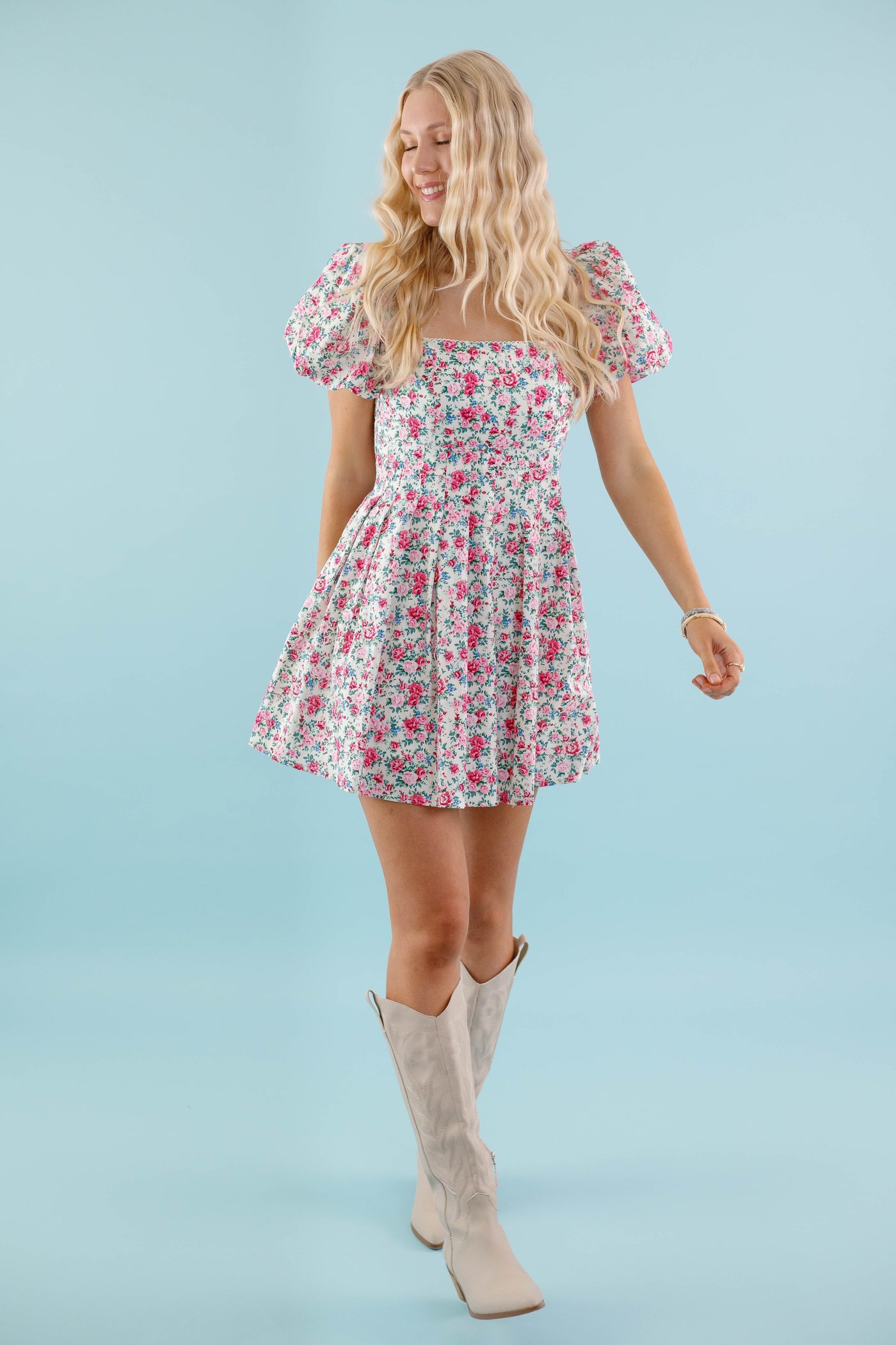 Cream Floral Mini Dress- Pink and Beige Flower Dress- Mable Dress