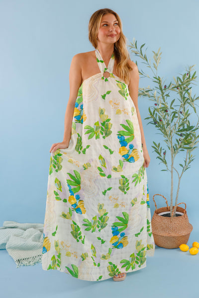 Women's Open Back Halter Maxi- Tropical Print Maxi Dress- Women's Beach Outfits