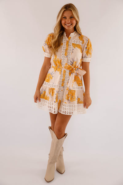 Floral Cotton Mini Lace Trim Dress- Honey Yellow Dress- Women's Entro Dresses