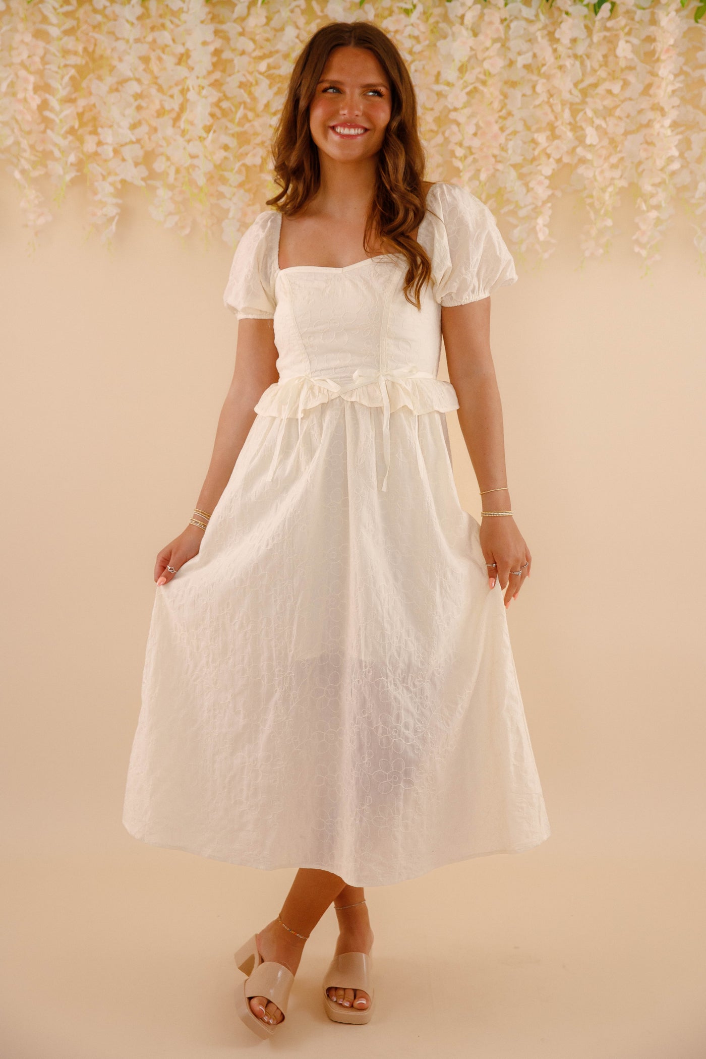 Embroidered Floral Midi Dress- Women's Spring Summer Dresses- Bridal Midi Dress