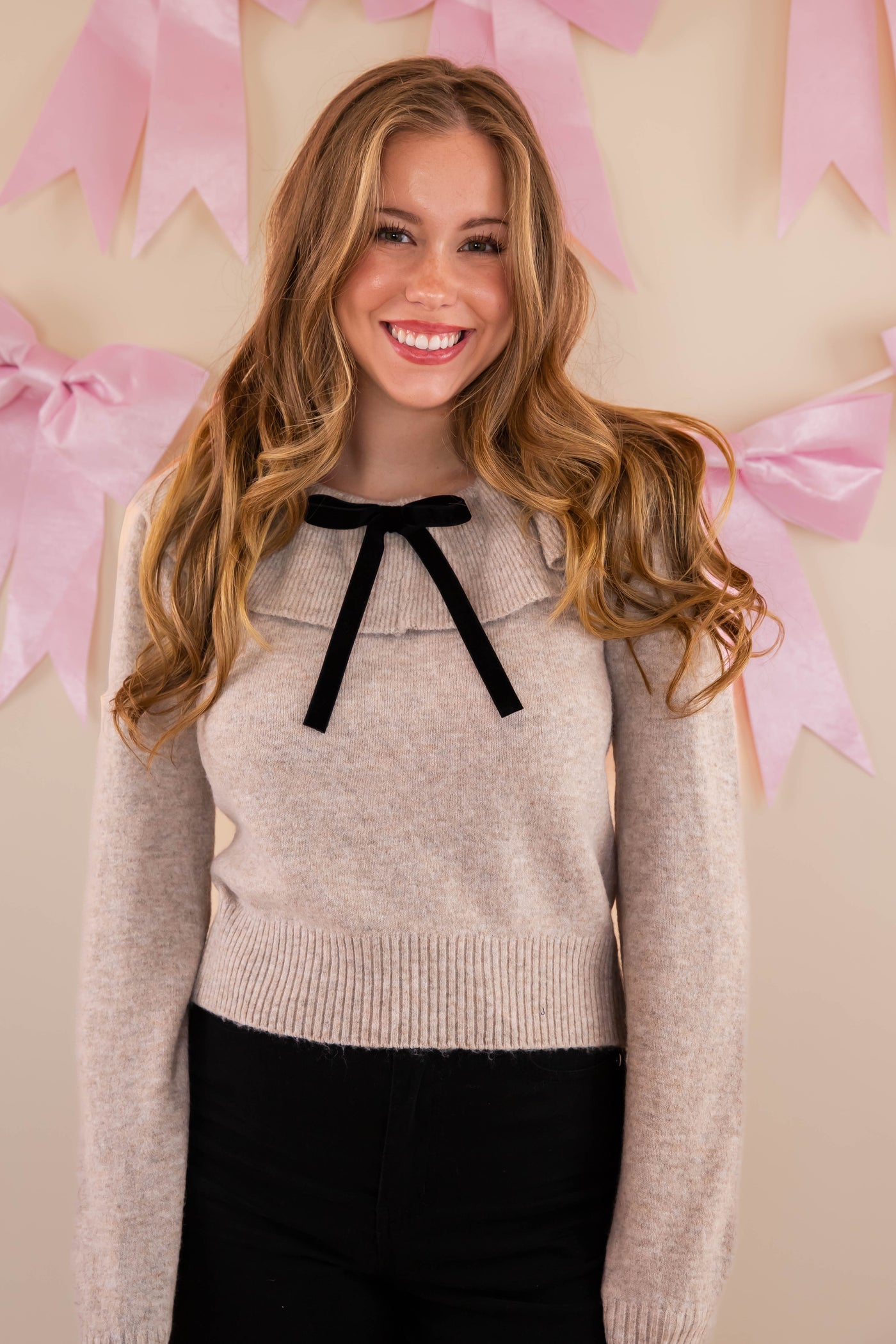 Ruffled Neckline with Bow Detail Sweater- Designer Inspired Sweater- Mable Ruffled Sweater with Bow