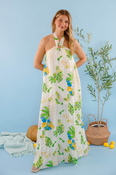 Women's Open Back Halter Maxi- Tropical Print Maxi Dress- Women's Beach Outfits
