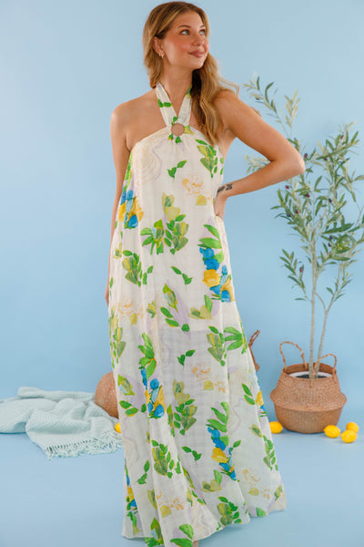 Women's Open Back Halter Maxi- Tropical Print Maxi Dress- Women's Beach Outfits