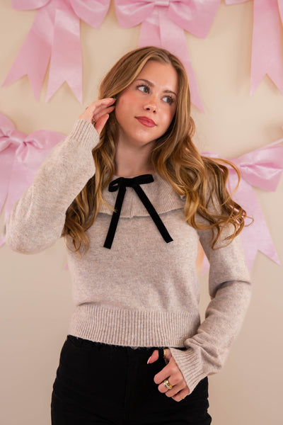 Ruffled Neckline with Bow Detail Sweater- Designer Inspired Sweater- Mable Ruffled Sweater with Bow
