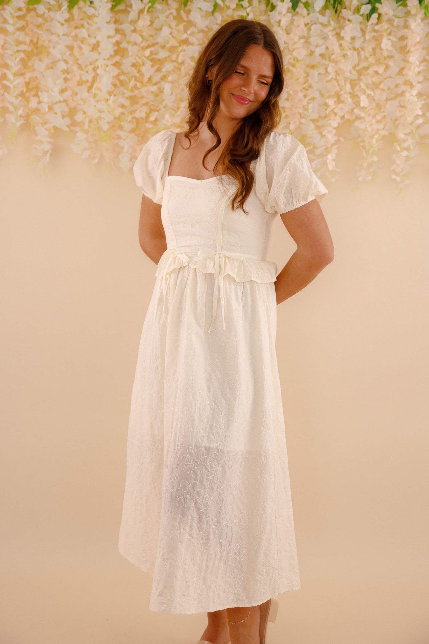 Embroidered Floral Midi Dress- Women's Spring Summer Dresses- Bridal Midi Dress