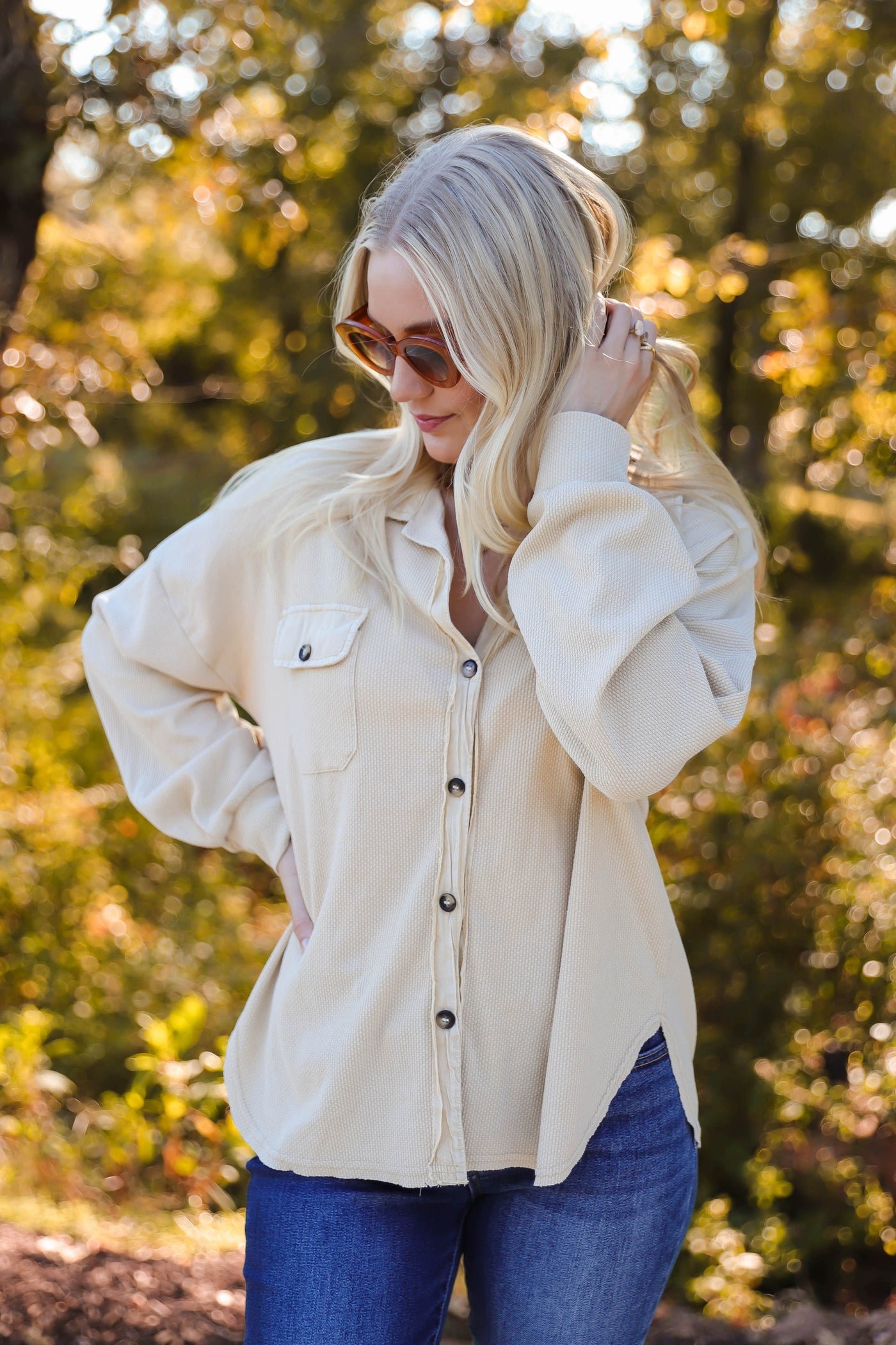 Soft Waffle Knit Top- Women's Distressed Button Down-Women's Light Weight Long Sleeve Top-Blue B Button Down