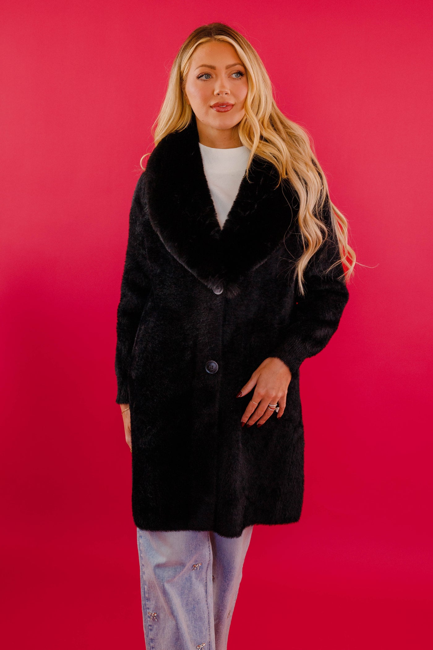 Black Fuzzy Long Coat- Women's Long Black Fur Coat- Lena Long Black Coat