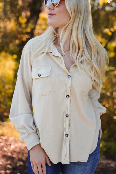 Soft Waffle Knit Top- Women's Distressed Button Down-Women's Light Weight Long Sleeve Top-Blue B Button Down