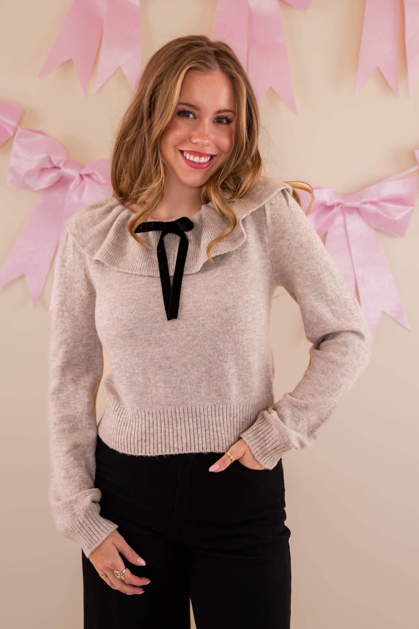 Ruffled Neckline with Bow Detail Sweater- Designer Inspired Sweater- Mable Ruffled Sweater with Bow