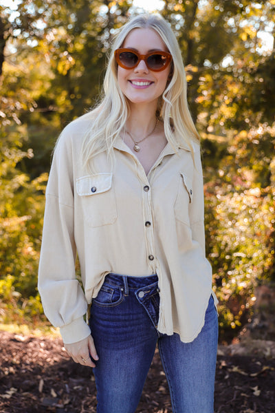Soft Waffle Knit Top- Women's Distressed Button Down-Women's Light Weight Long Sleeve Top-Blue B Button Down
