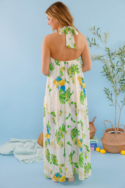 Women's Open Back Halter Maxi- Tropical Print Maxi Dress- Women's Beach Outfits