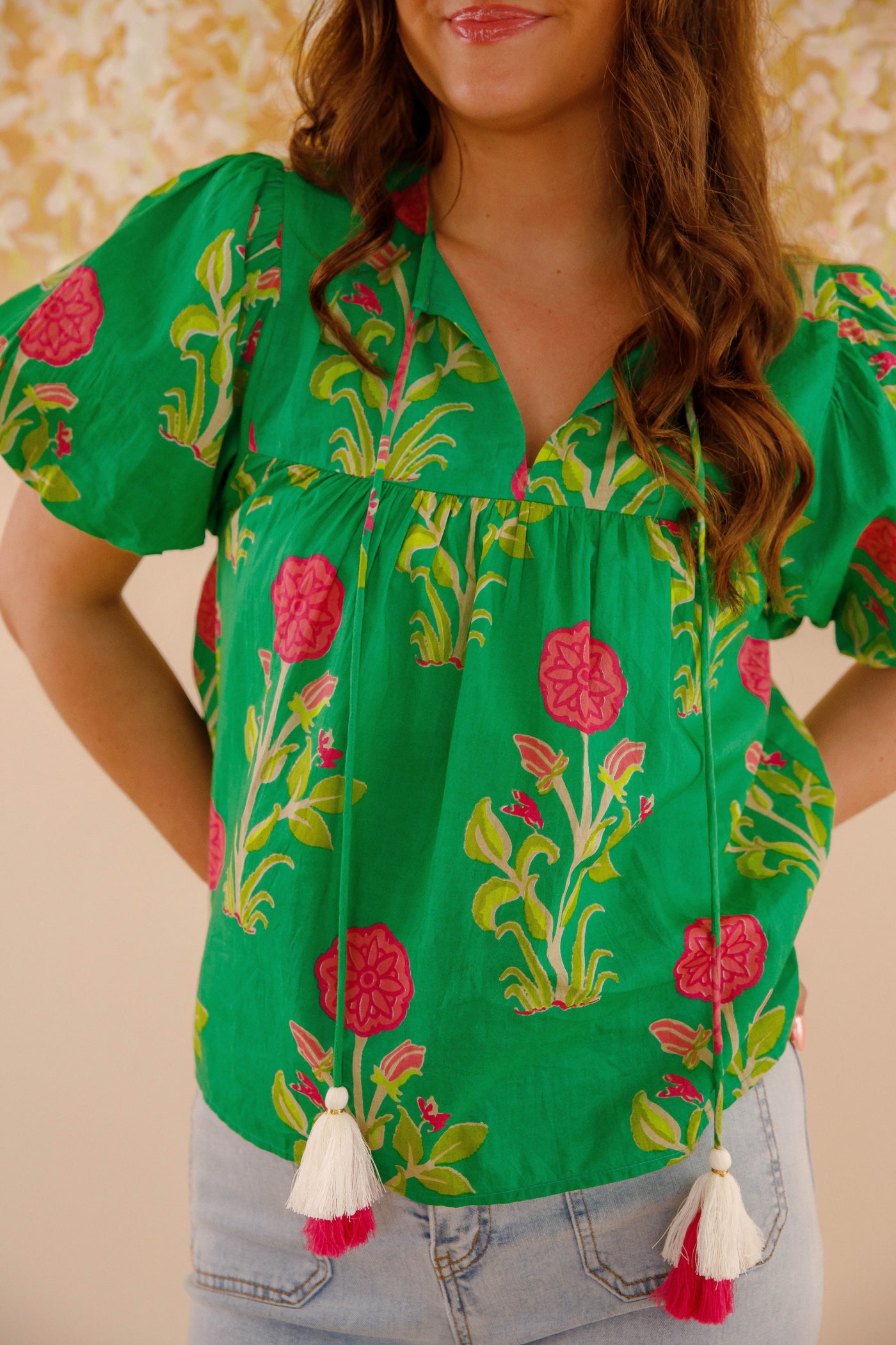 Green and Pink Floral Blouse- Women's Cotton Tops- THML Tops