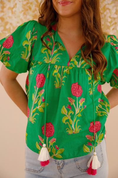 Green and Pink Floral Blouse- Women's Cotton Tops- THML Tops