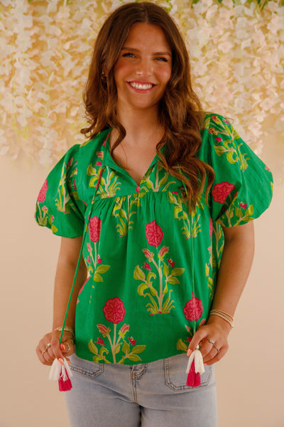 Green and Pink Floral Blouse- Women's Cotton Tops- THML Tops
