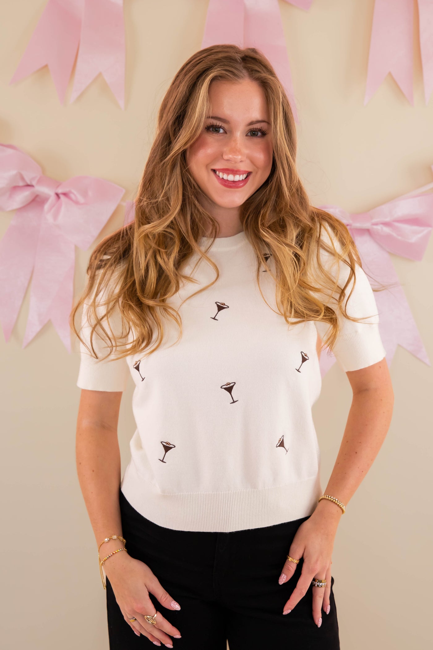 Embroidered Martini Glass Sweater- Martini Glass Top- Chic Martini Glasses Top