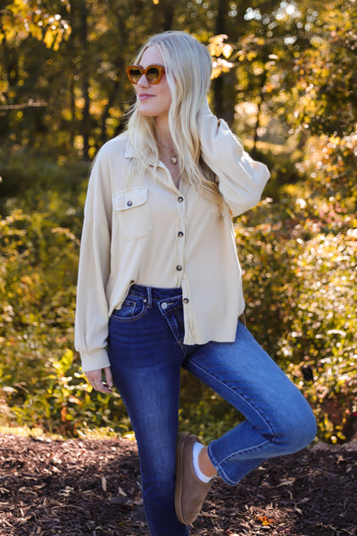 Soft Waffle Knit Top- Women's Distressed Button Down-Women's Light Weight Long Sleeve Top-Blue B Button Down