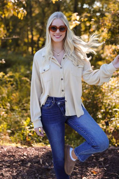 Soft Waffle Knit Top- Women's Distressed Button Down-Women's Light Weight Long Sleeve Top-Blue B Button Down