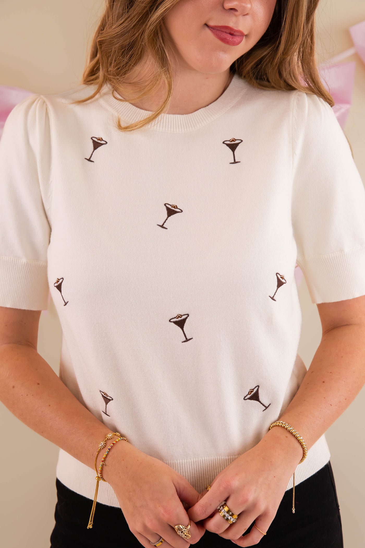 Embroidered Martini Glass Sweater- Martini Glass Top- Chic Martini Glasses Top