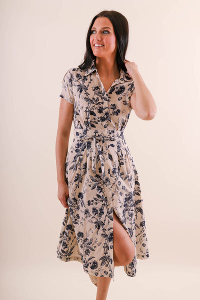 Women's Collar Button Down Midi Dress- Blue and Beige Print Midi Dress- Aakaa Dresses