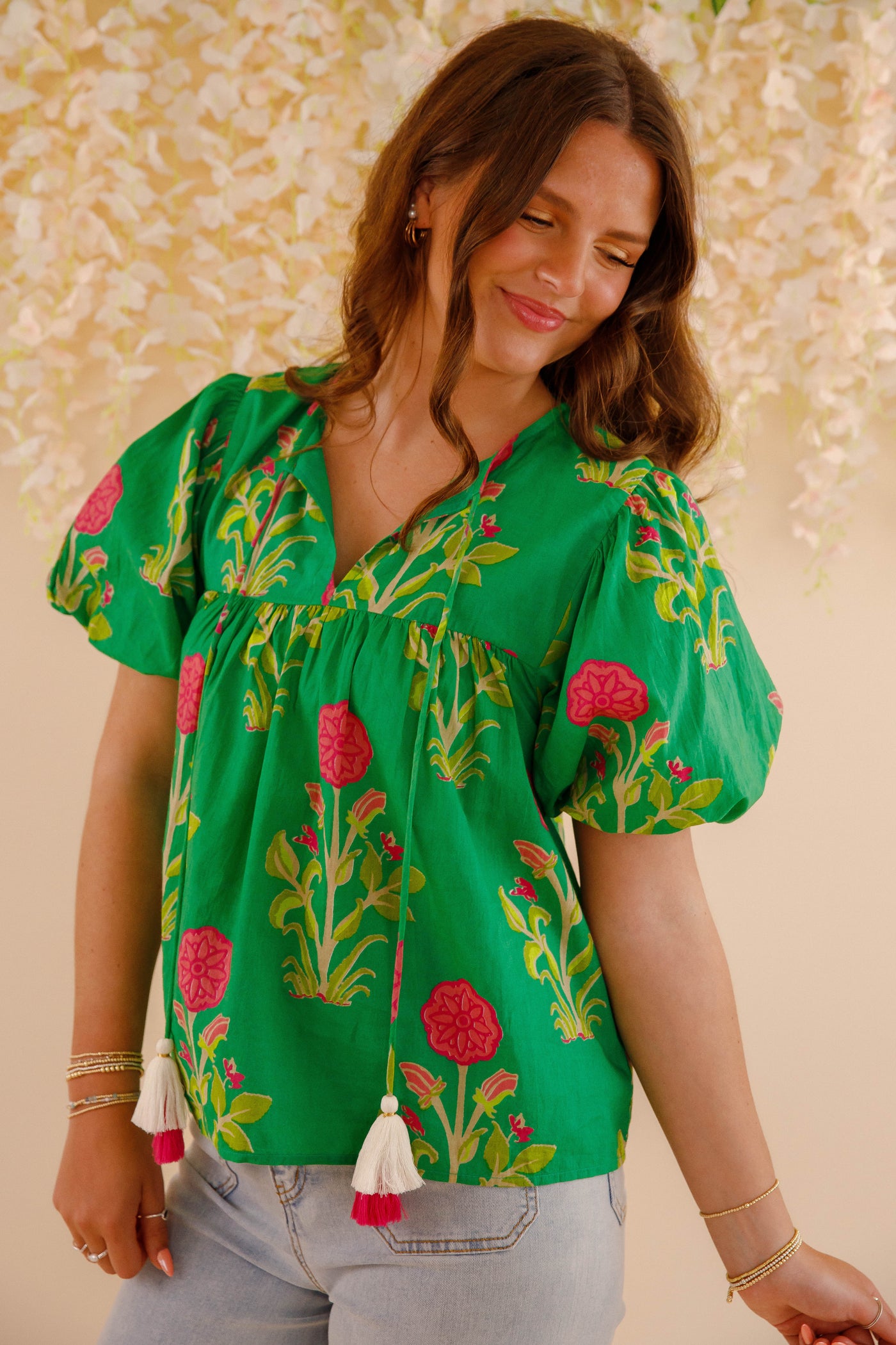 Green and Pink Floral Blouse- Women's Cotton Tops- THML Tops
