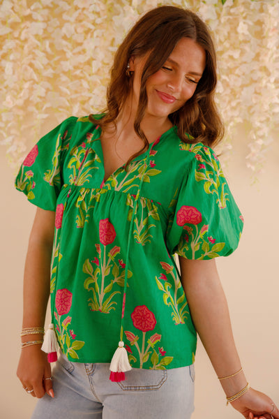 Green and Pink Floral Blouse- Women's Cotton Tops- THML Tops