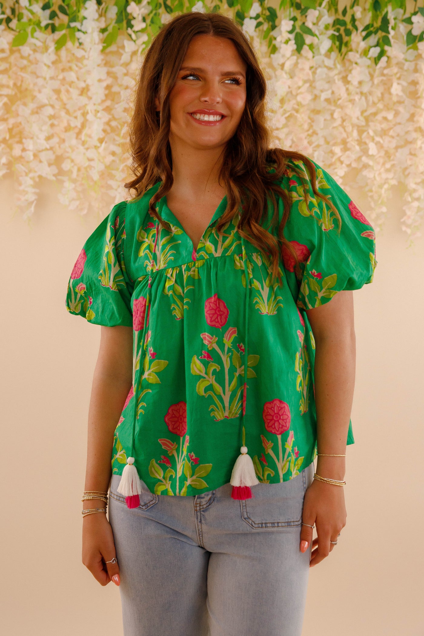Green and Pink Floral Blouse- Women's Cotton Tops- THML Tops