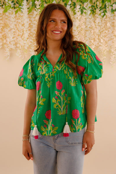 Green and Pink Floral Blouse- Women's Cotton Tops- THML Tops