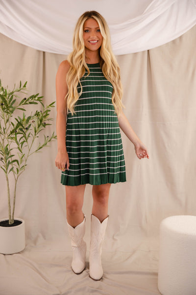 Striped Knit Mini Dress- Women's Sweater Dress- Green Sweater Dress- Wishlist Dress