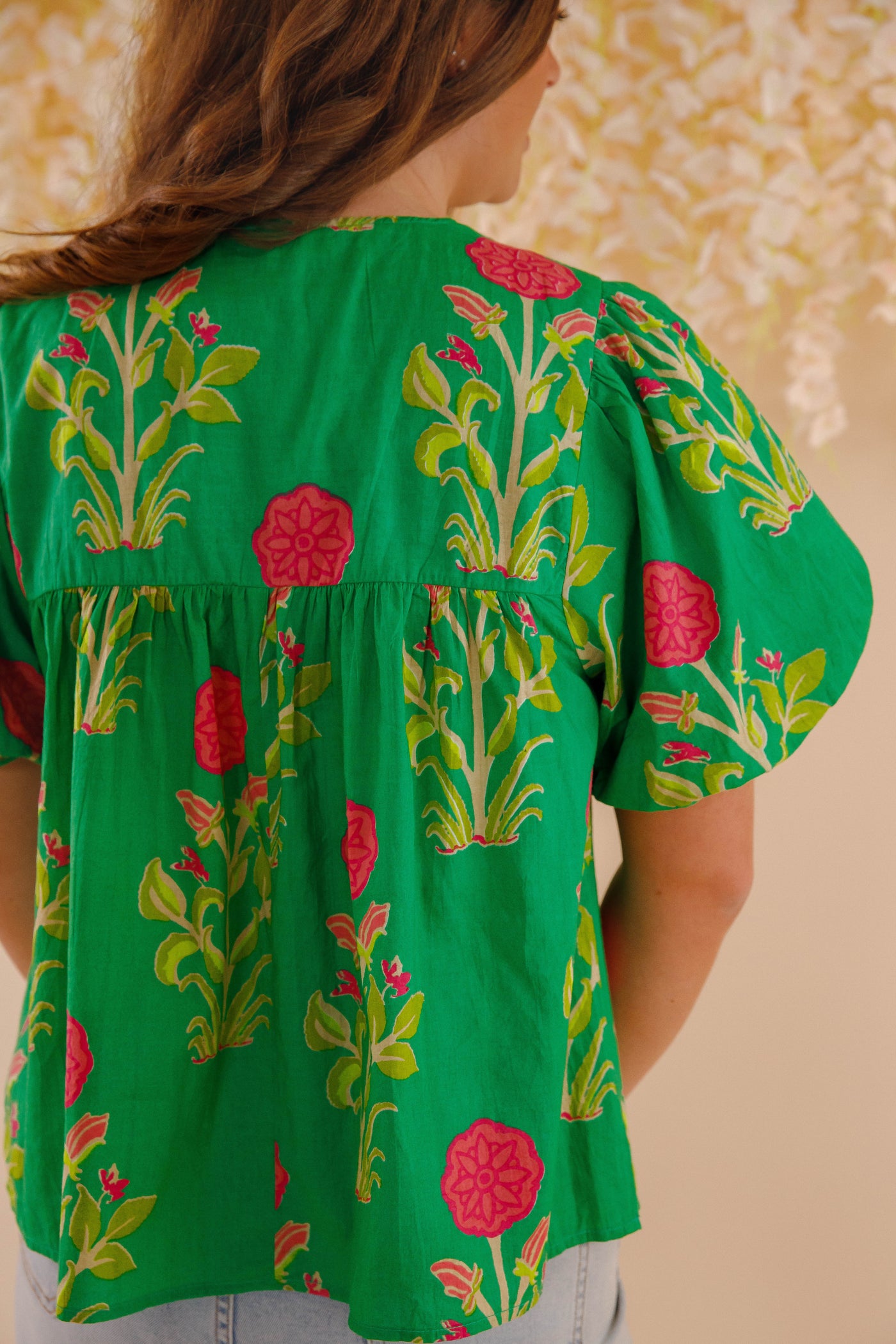 Green and Pink Floral Blouse- Women's Cotton Tops- THML Tops