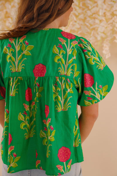 Green and Pink Floral Blouse- Women's Cotton Tops- THML Tops