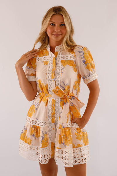 Floral Cotton Mini Lace Trim Dress- Honey Yellow Dress- Women's Entro Dresses