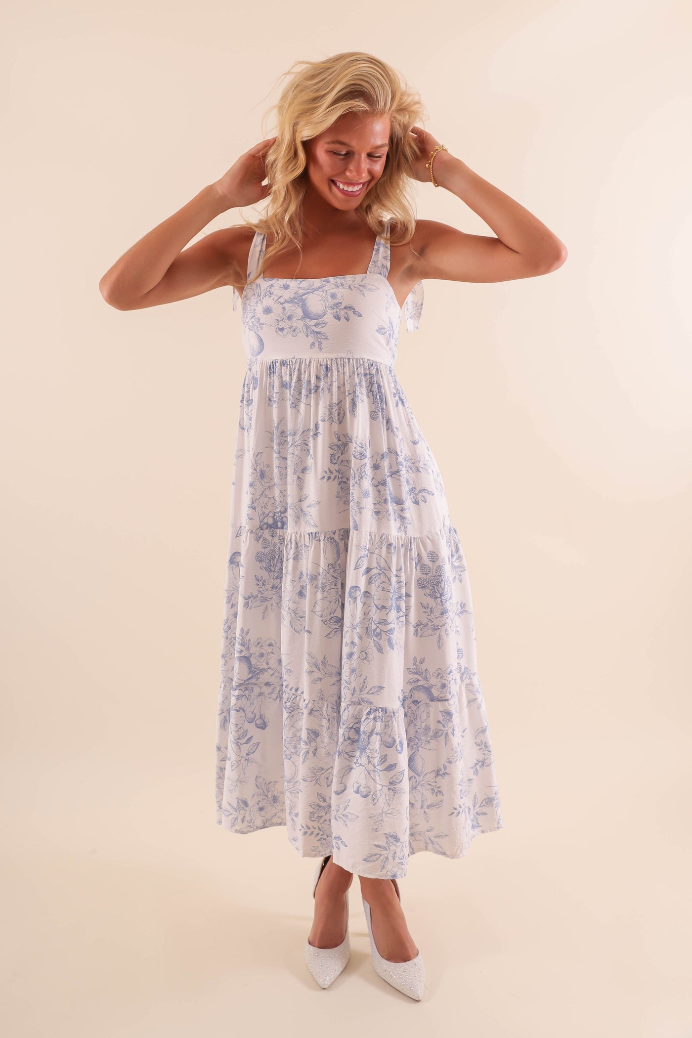 White Tiered Midi Dress with Blue Floral Design and Tie Straps