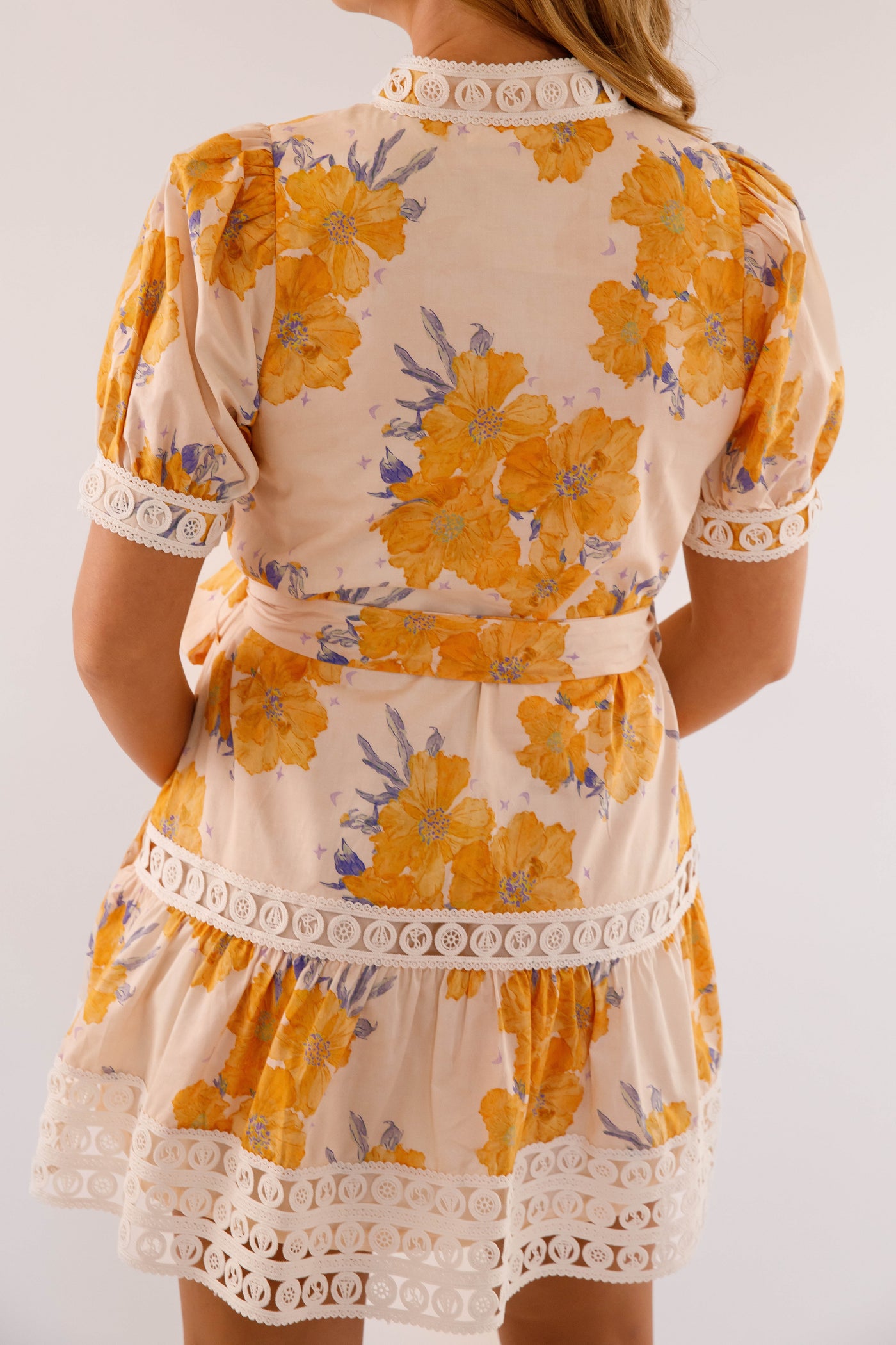 Floral Cotton Mini Lace Trim Dress- Honey Yellow Dress- Women's Entro Dresses