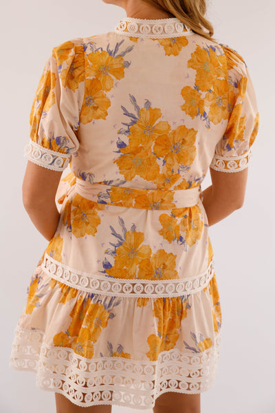 Floral Cotton Mini Lace Trim Dress- Honey Yellow Dress- Women's Entro Dresses