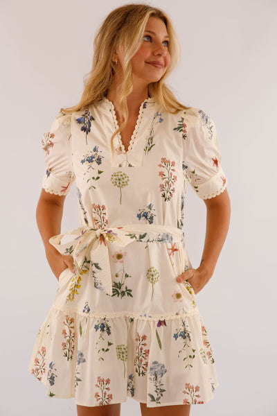 Women's Floral Cotton Dress- Ivory Floral Print Mini Dress- Entro Dresses