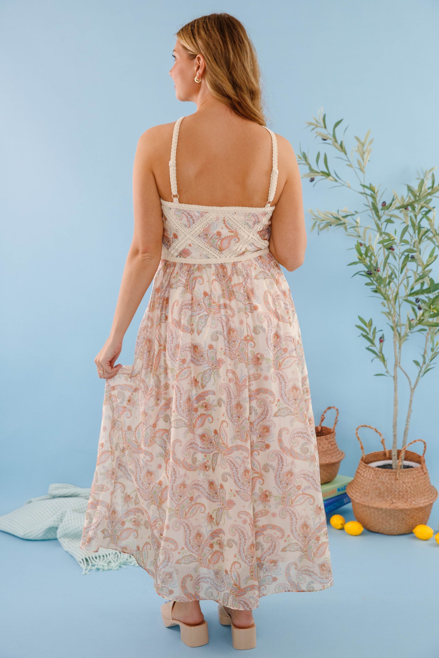 Crotchet Halter Neck Maxi Dress- Women's Paisley Print Dress- Skies Are Blue Dresses